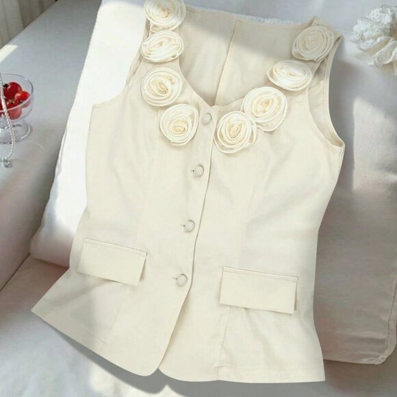 Women's Elegant 3d Floral Decor Front Button down Sexy Top - Picture 7 of 8